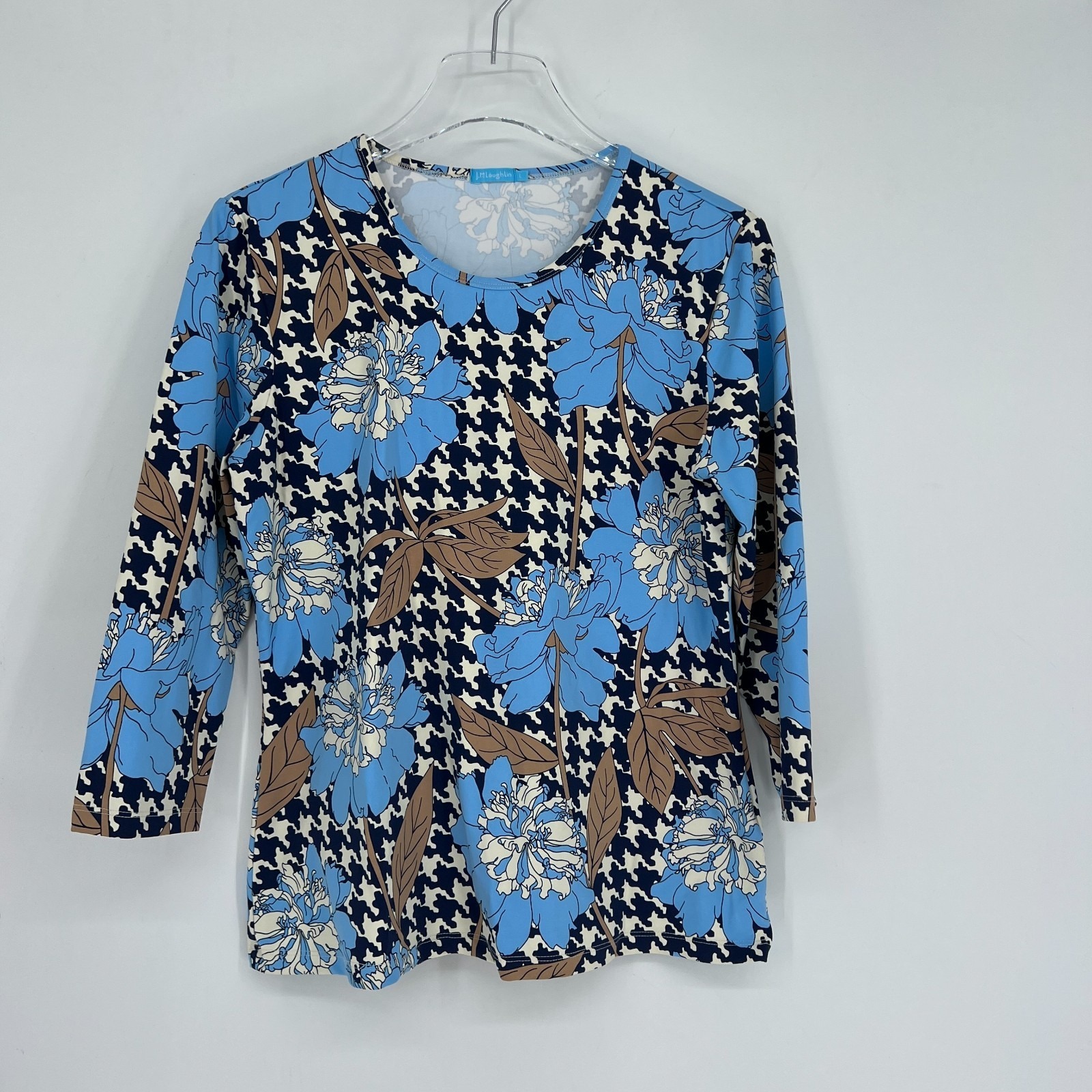 J Mclaughlin Top Womens L Floral Houndstooth Blue Catalina Cloth Nature